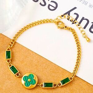 Gold Clover Chain Link Bracelet, Green, Gold, Zircon Emerald Luxury